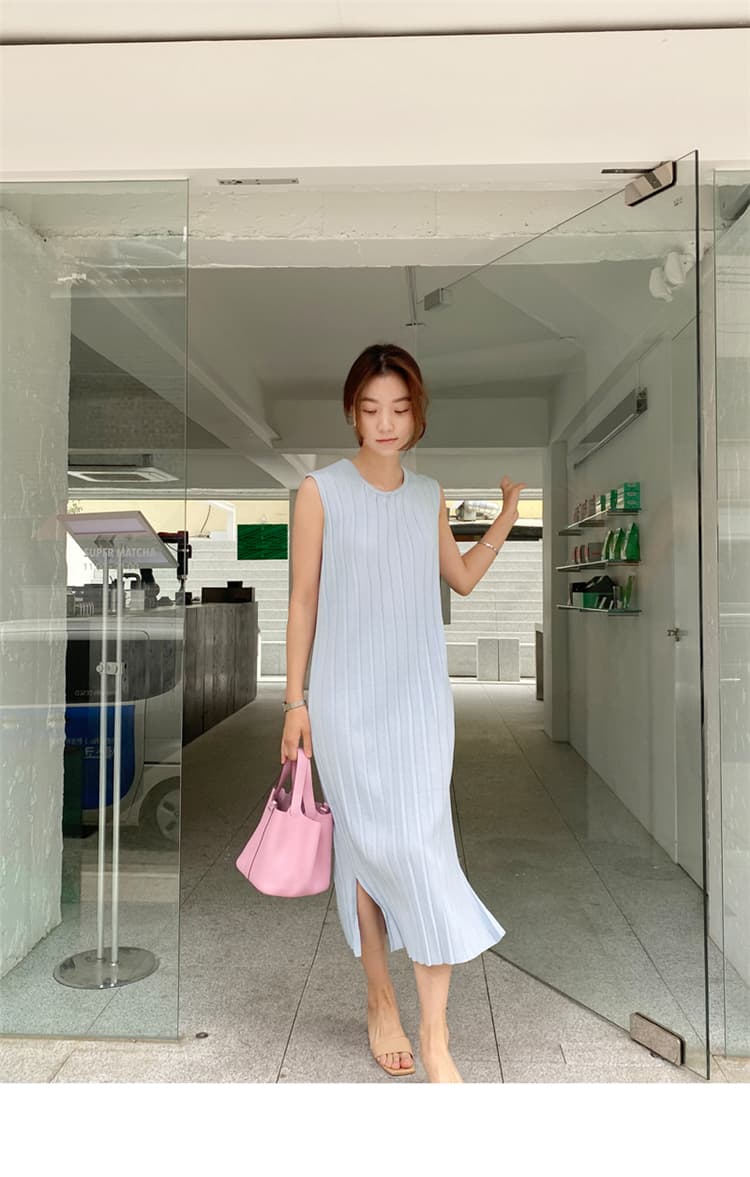 한 부서 출퇴근 수직 곡물 니트 민소매 여성 드레스 루즈핏 슬림해 보이는 도루 센스 다용도 품격 트임 게으른 롱 스커트 상세 이미지 6