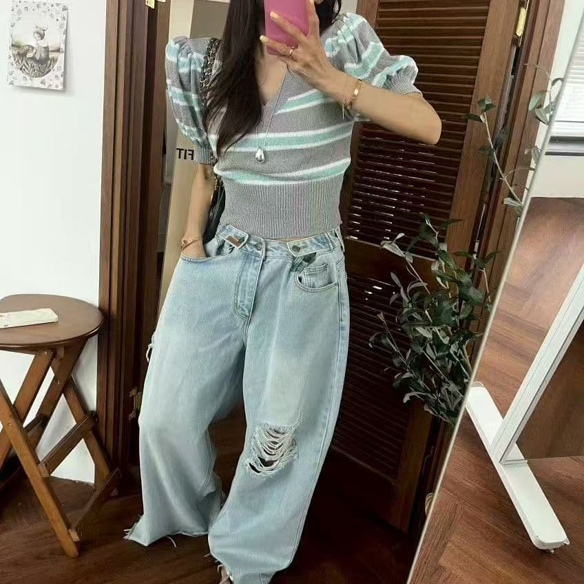 재고 있음 아메리칸 달콤한 매운맛 디자인 센스 니트 티셔츠 여성 짧은 여름 섹시함 허리 수축 풀오버 맨위 기본 셔츠 트렌디 상세 이미지 6