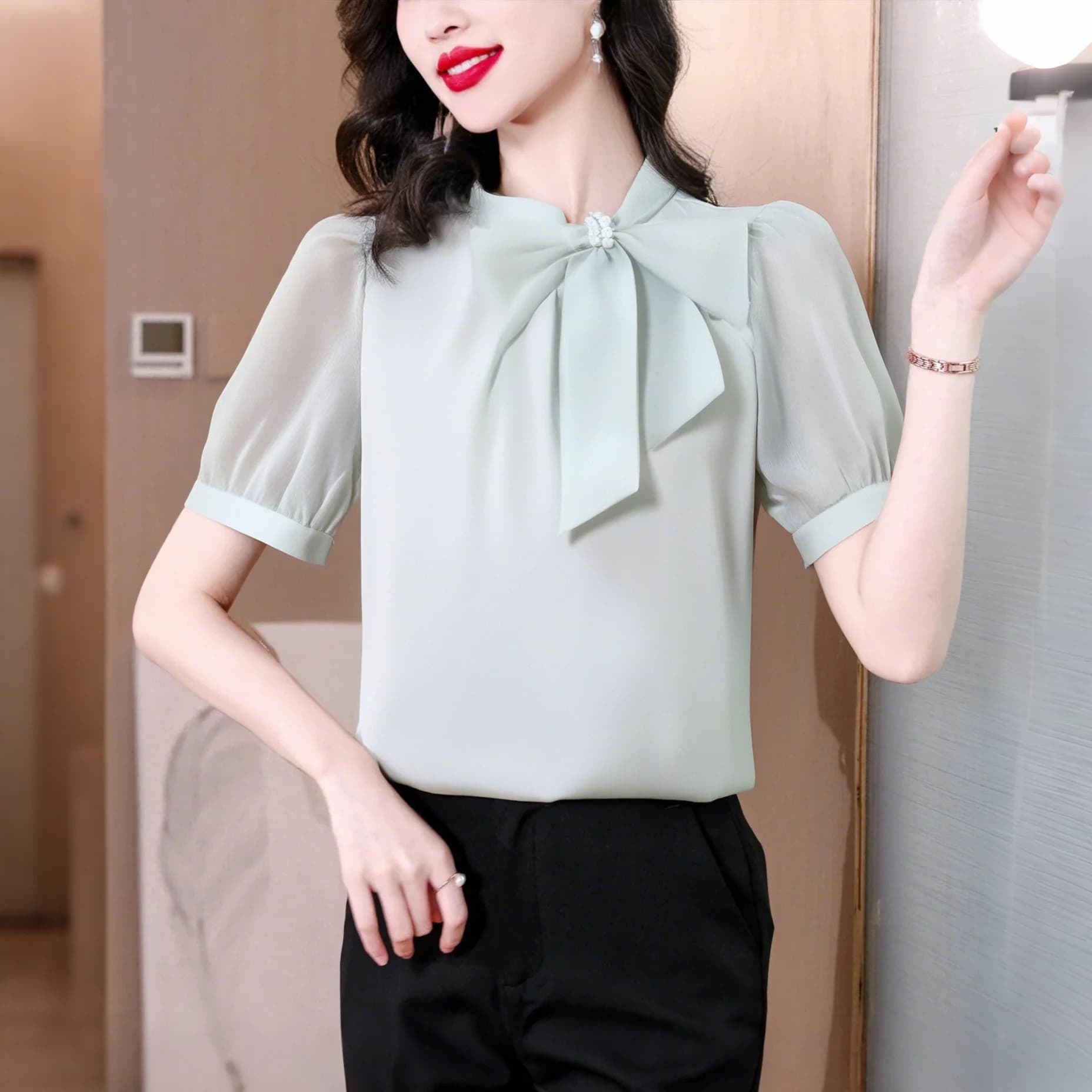 프랑스식 부드러운 나비 매듭 리본 반팔 셔츠 여성 의류 단색 여름 새로운 스티치 슬리브 경력 출퇴근 맨위 이미지 2