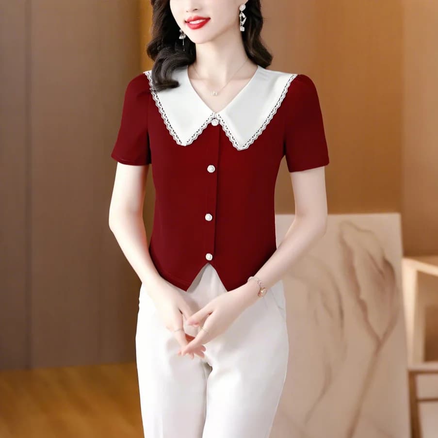 순면 반팔 티셔츠 여성 슬림해 보이는 새로운 여름 여성 의류 긍정적 인 어깨 레이스 칼라 맨위 디자인 센스 반소매 니트 스웨터 이미지 5