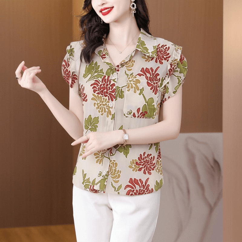 캐주얼 통기성 여름 새로운 프린트 셔츠 루즈핏 표지 배 맨위 영 엄마 패션 여성 외국 가스 작은 꽃 셔츠 이미지 5