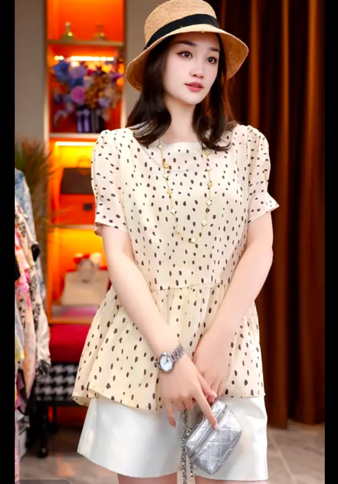 더블 크레이프 다용도 우유 커피 도트 무늬 꽃무늬 뽕나무 누에 실크 셔츠 이미지 3