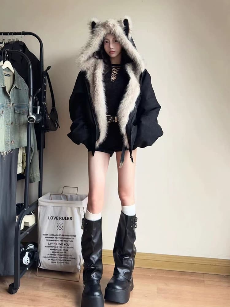 좌 산 조각 털이 많은 모피 칼라 면 의류 재킷 남녀 털이 있고 두꺼운 재킷 아메리칸 cleanfit 겨울 면 옷 상세 이미지 1