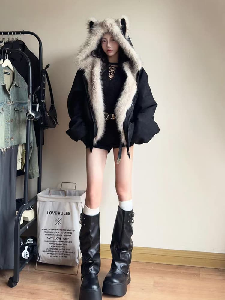 좌 산 조각 털이 많은 모피 칼라 면 의류 재킷 남녀 털이 있고 두꺼운 재킷 아메리칸 cleanfit 겨울 면 옷 상세 이미지 2