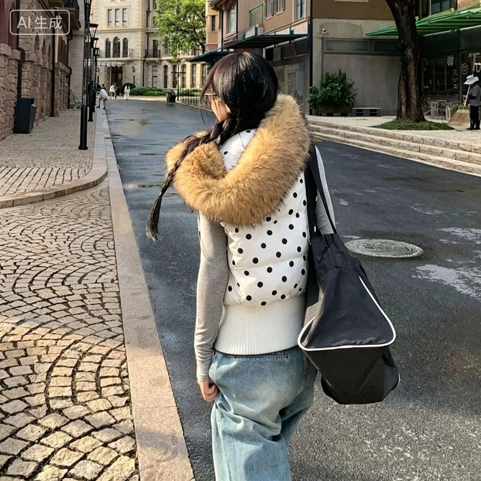 아메리칸 도트 무늬 탈착식 모자 민소매 면 베스트 여성 레저 모피 칼라 수 있습니다. 철거 스택 착용 재킷 상세 이미지 15