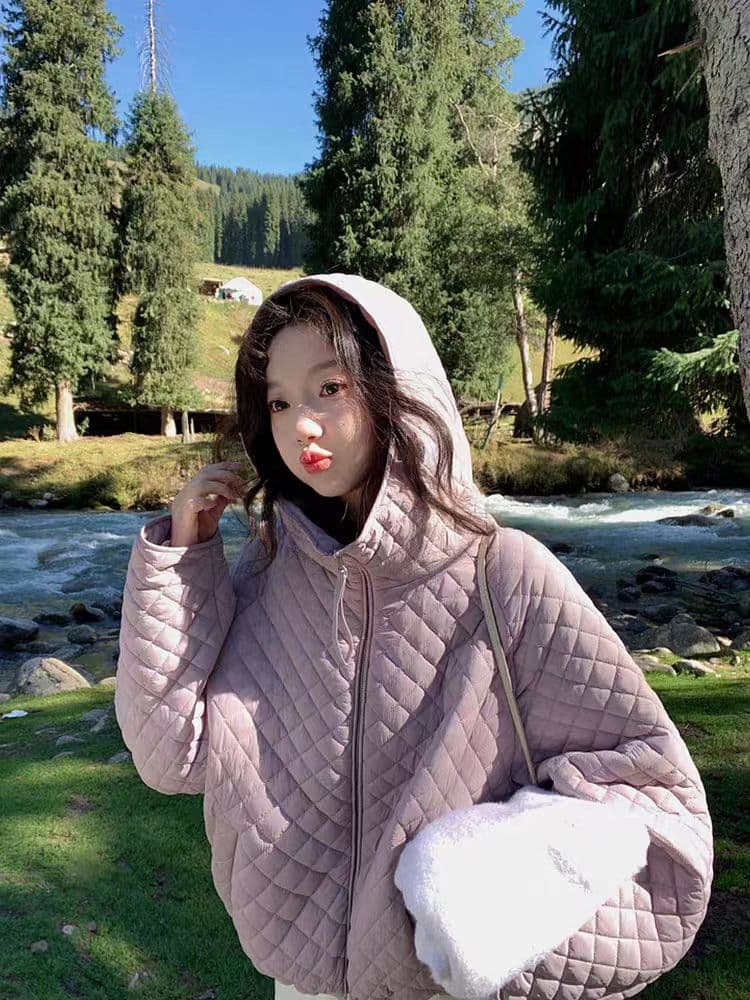 장 베이 베이 얇고 가벼운 버블 푸 링 그리드 후드 면 의류 루즈핏 슬림해 보이는 보온 한 부서 ins 바람 학생 면 옷 재킷 상세 이미지 12
