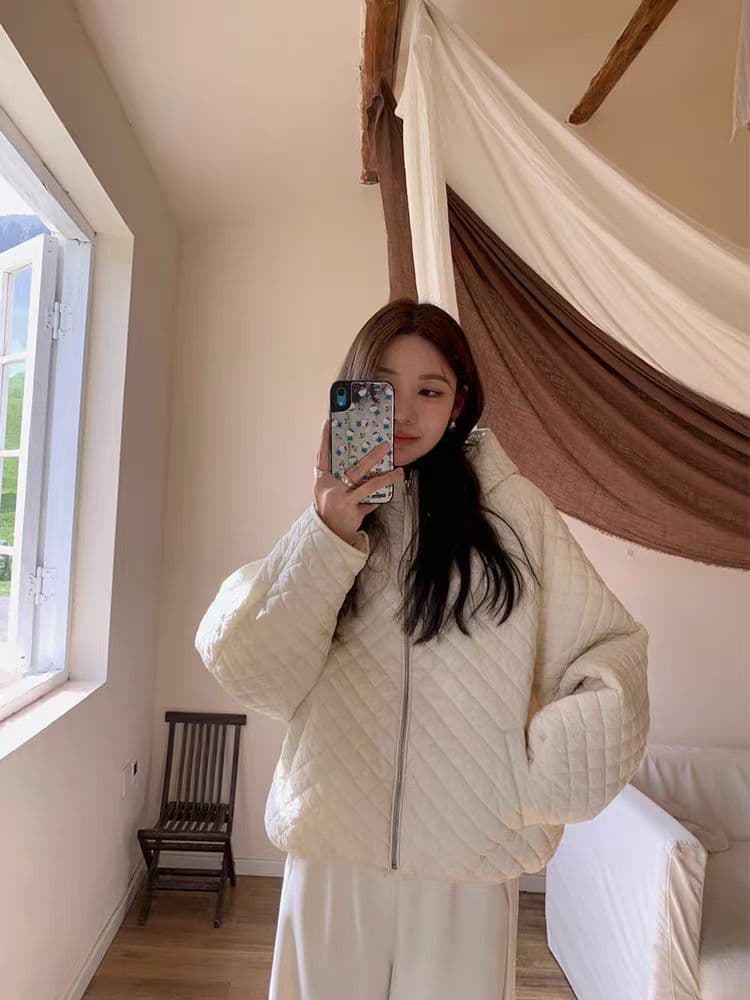 장 베이 베이 얇고 가벼운 버블 푸 링 그리드 후드 면 의류 루즈핏 슬림해 보이는 보온 한 부서 ins 바람 학생 면 옷 재킷 상세 이미지 18