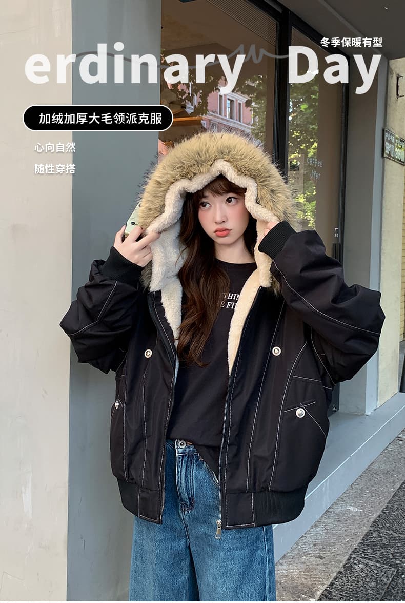 모피 칼라 좌 산 조각 재킷 면 의류 남녀 루즈핏 아메리칸 워크웨어 새로운 재킷 털이 있는 보온 상세 이미지 2