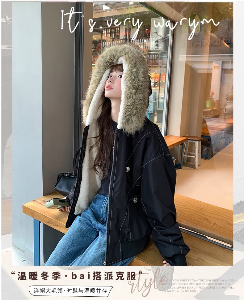 모피 칼라 좌 산 조각 재킷 면 의류 남녀 루즈핏 아메리칸 워크웨어 새로운 재킷 털이 있는 보온 상세 이미지 4
