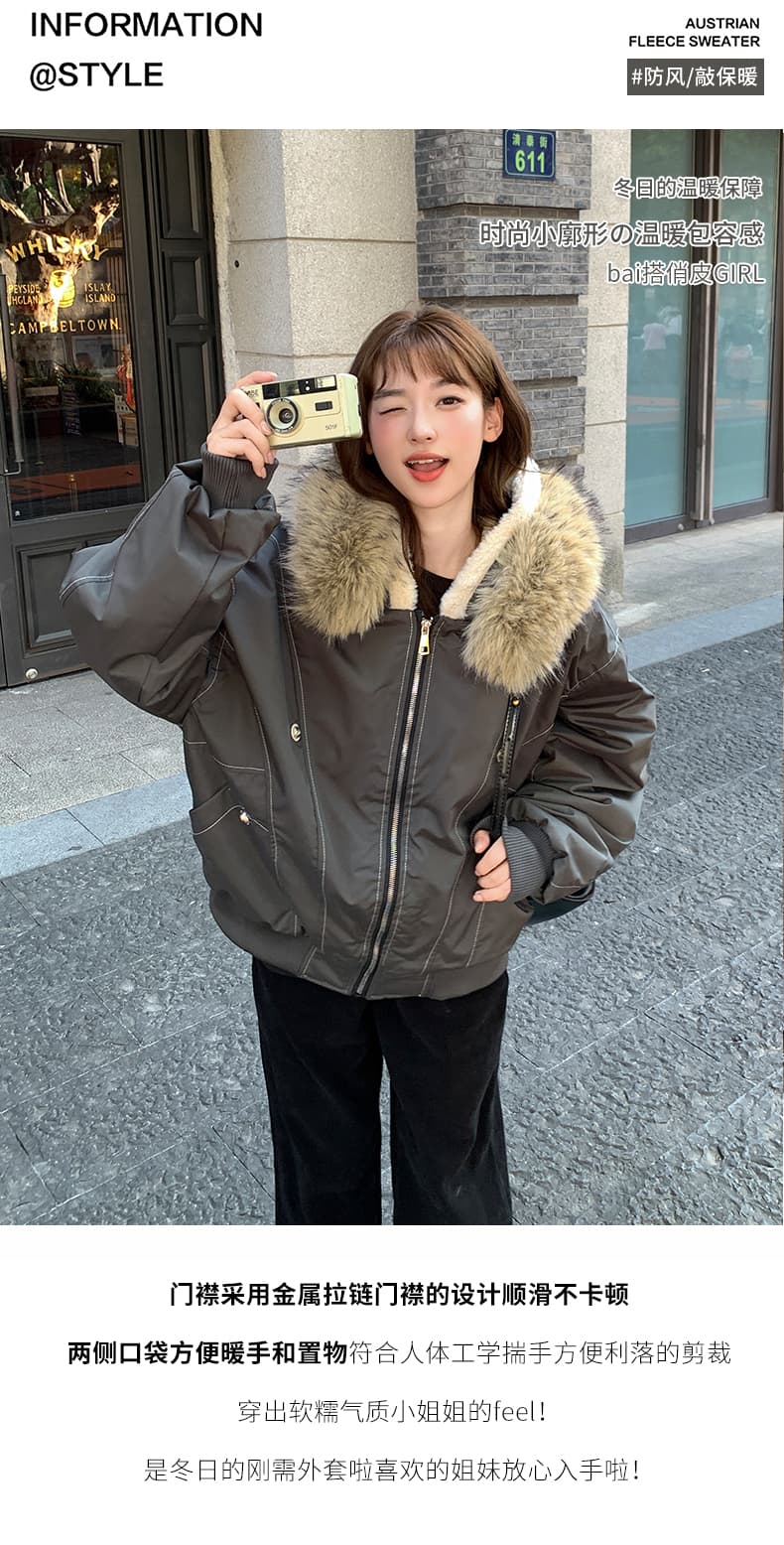 모피 칼라 좌 산 조각 재킷 면 의류 남녀 루즈핏 아메리칸 워크웨어 새로운 재킷 털이 있는 보온 상세 이미지 6