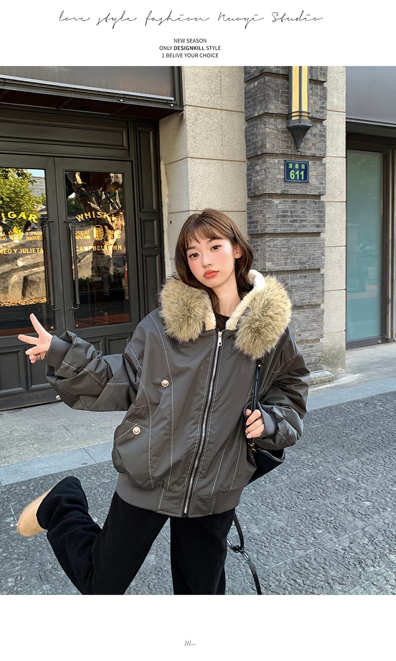 모피 칼라 좌 산 조각 재킷 면 의류 남녀 루즈핏 아메리칸 워크웨어 새로운 재킷 털이 있는 보온 상세 이미지 16
