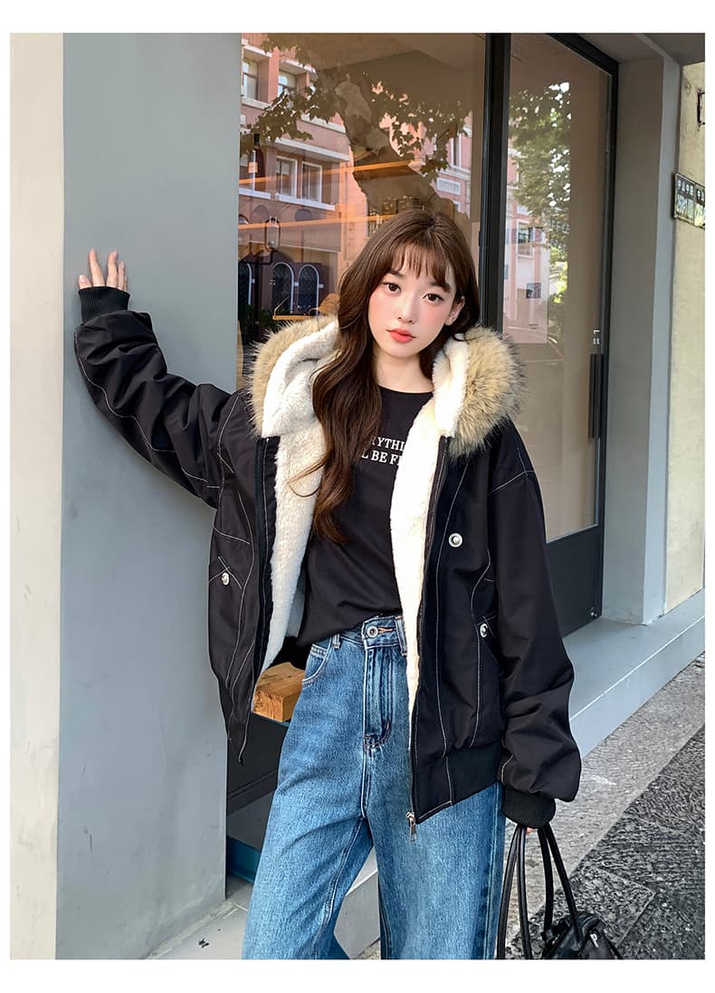 모피 칼라 좌 산 조각 재킷 면 의류 남녀 루즈핏 아메리칸 워크웨어 새로운 재킷 털이 있는 보온 상세 이미지 24