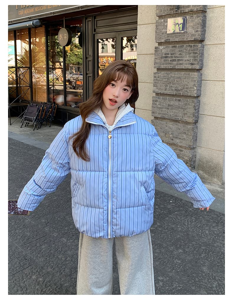2026 새로운 페이크 레이어드 블루 스트라이프 빵 면 의류 재킷 겨울 두꺼운 보온 면 옷 여성 새로운 작은 키 상세 이미지 15