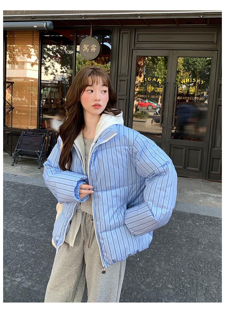 2026 새로운 페이크 레이어드 블루 스트라이프 빵 면 의류 재킷 겨울 두꺼운 보온 면 옷 여성 새로운 작은 키 상세 이미지 19