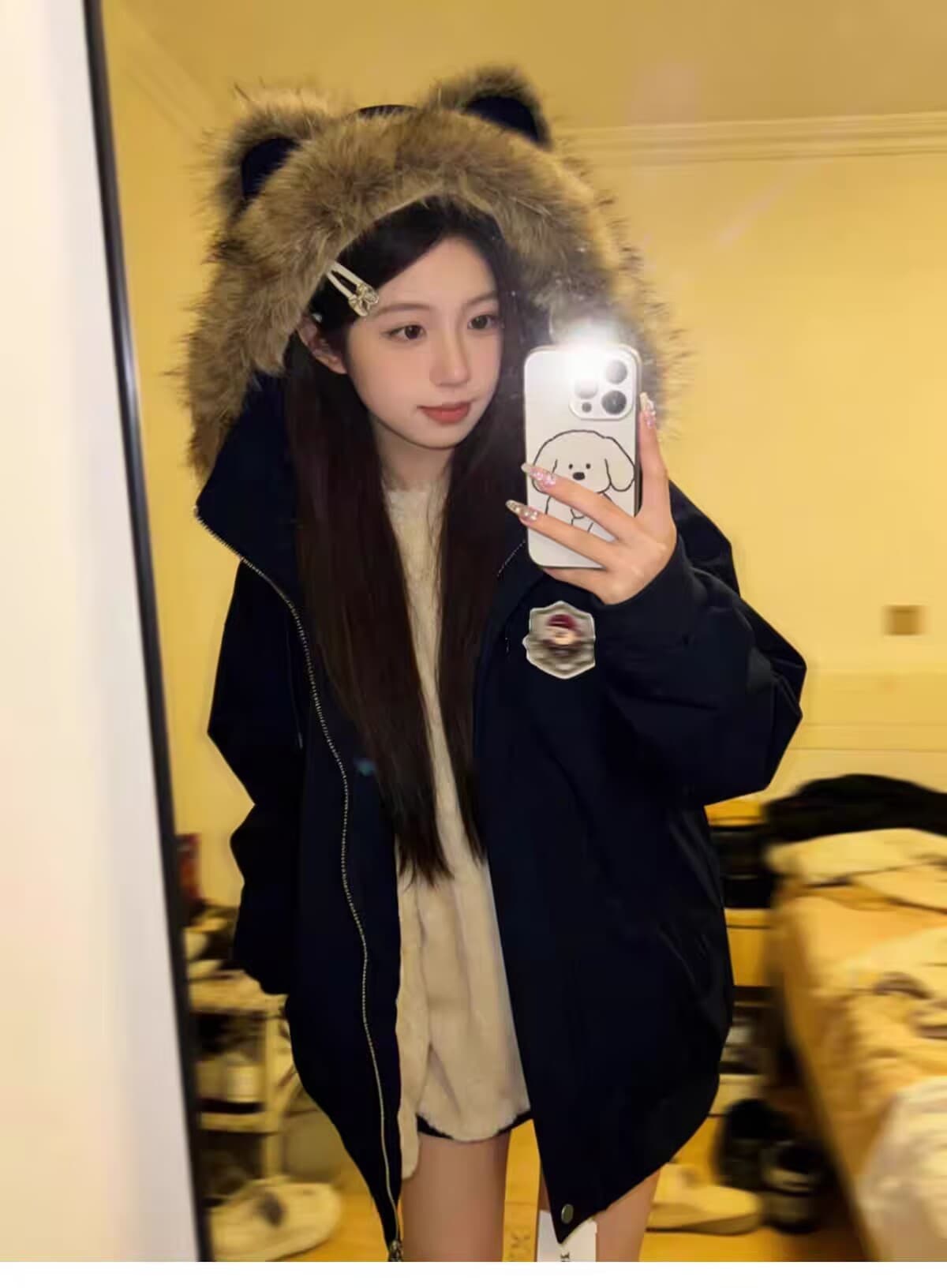 2026 겨울 학원 스타일 작은 곰 귀 모피 칼라 탈착식 재킷 면 옷 여성 두꺼운 보온 루즈핏 캐주얼 목화 진딧물 상세 이미지 19