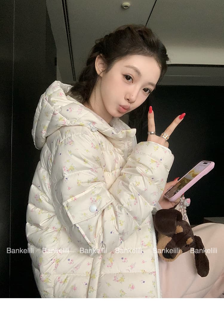 밤나무 코코아 한 여성 꽃무늬 따뜻한 따뜻한 패키지 겨울 제로 압력 센스 ins 갈비 살 후드 다운 재킷 여성 겨울 면 옷 상세 이미지 17