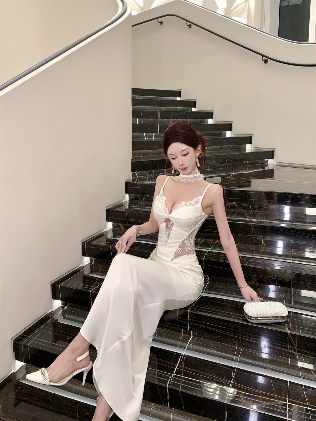 실사 정가 프랑스식 레이스 슬립 드레스 새로운 허리 수축 슬림해 보이는 패치워크 롱 스커트 섹시함 치마 이미지 4