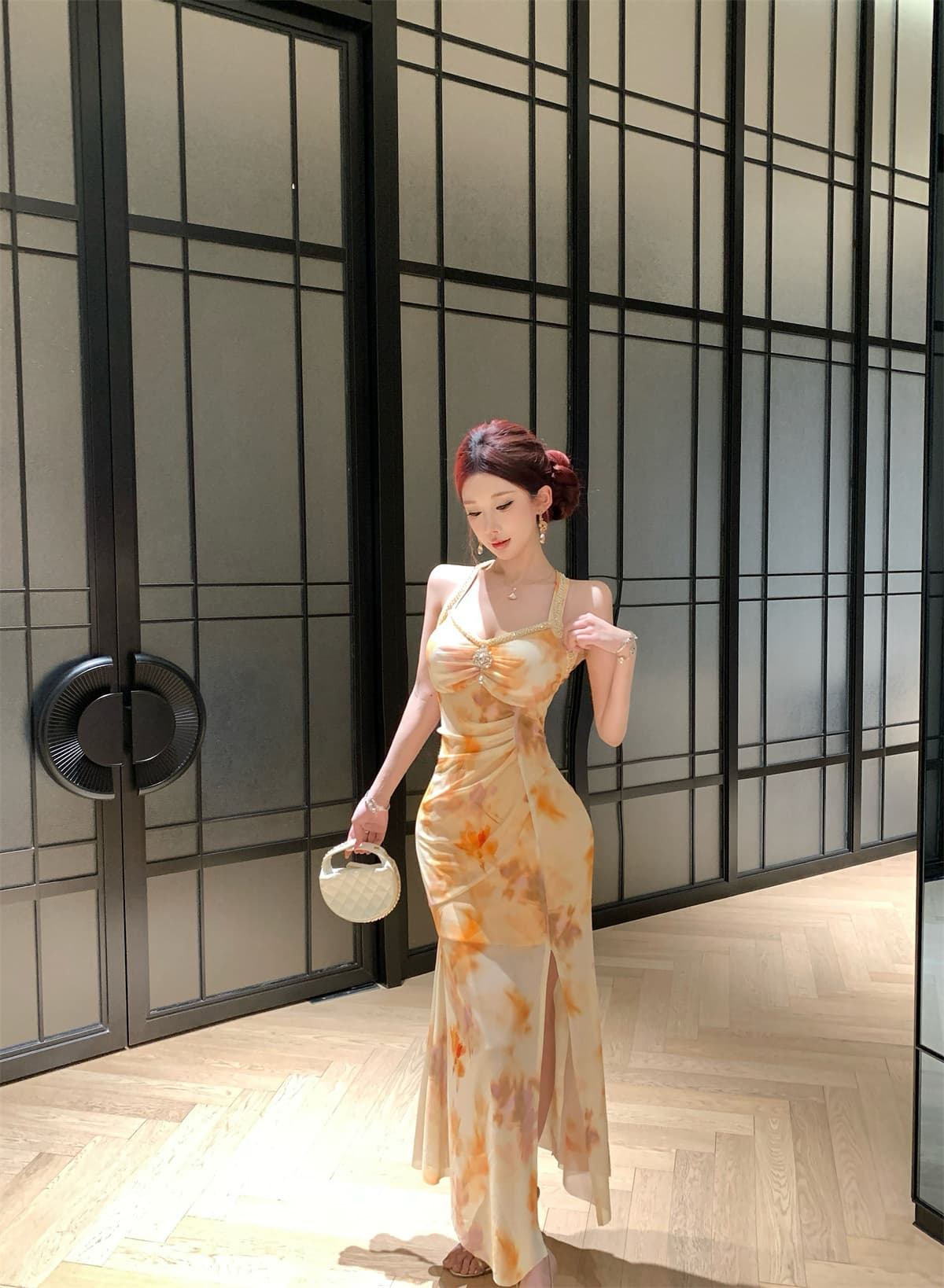 실사 정가 섹시함 망사 프린트 허리 펌프 Pleat 무거운 작업 못 훈련 행침 목 몸매 가꾸기 드레스 이미지 3