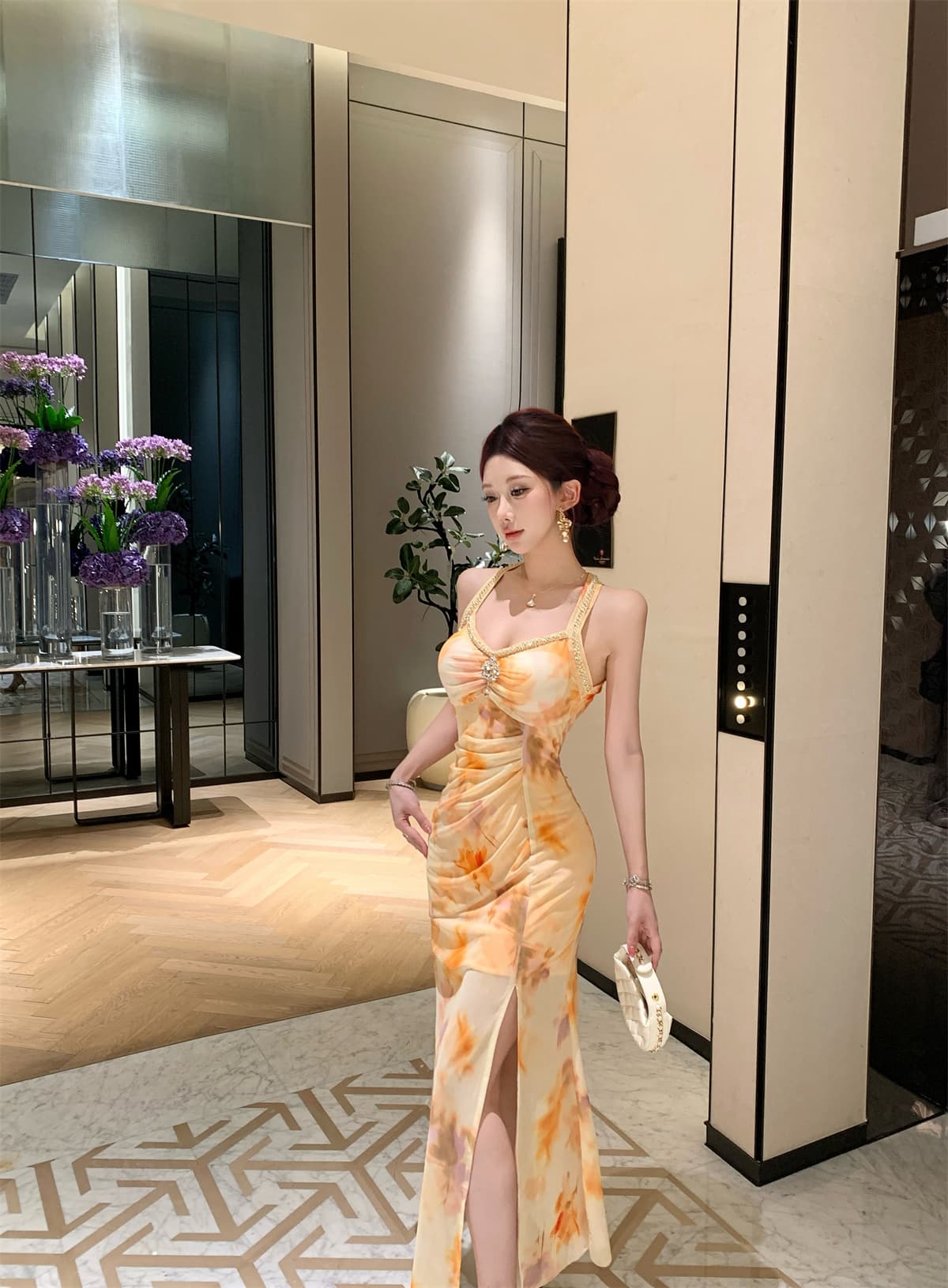 실사 정가 섹시함 망사 프린트 허리 펌프 Pleat 무거운 작업 못 훈련 행침 목 몸매 가꾸기 드레스 상세 이미지 4