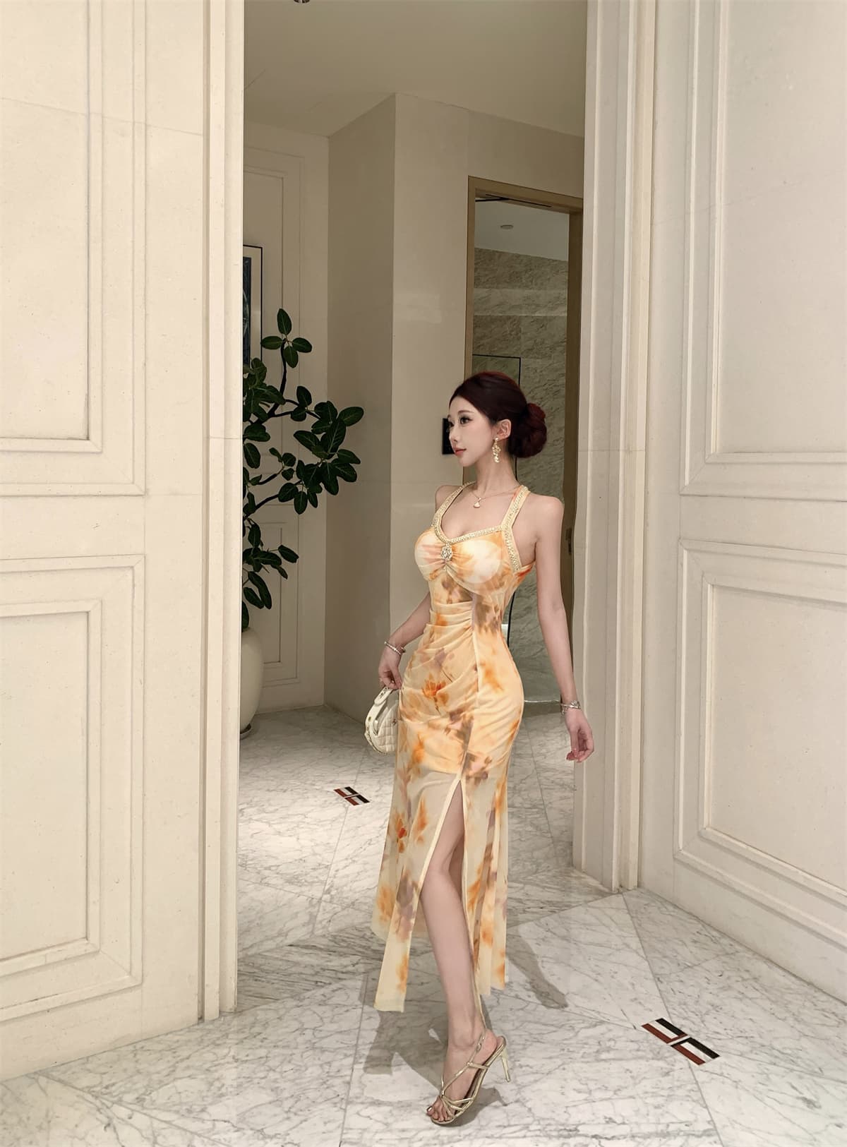 실사 정가 섹시함 망사 프린트 허리 펌프 Pleat 무거운 작업 못 훈련 행침 목 몸매 가꾸기 드레스 상세 이미지 6