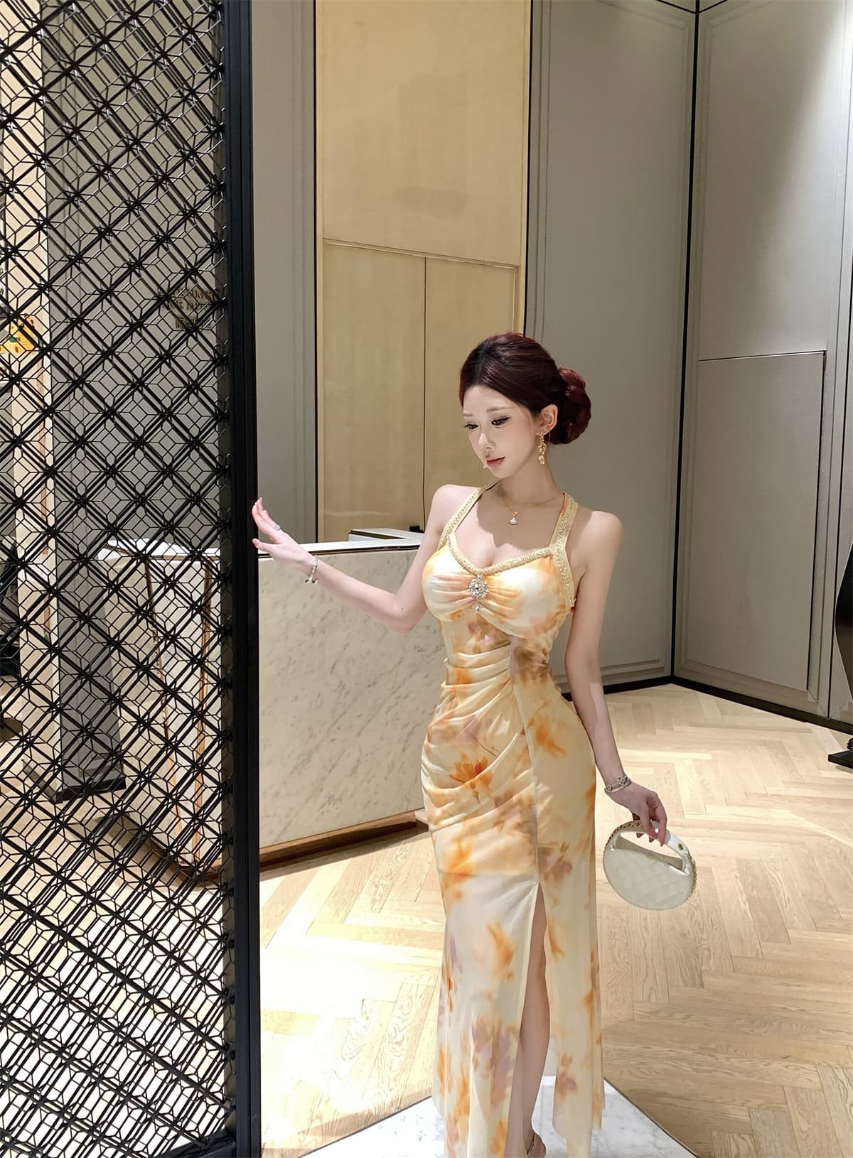 실사 정가 섹시함 망사 프린트 허리 펌프 Pleat 무거운 작업 못 훈련 행침 목 몸매 가꾸기 드레스 상세 이미지 7