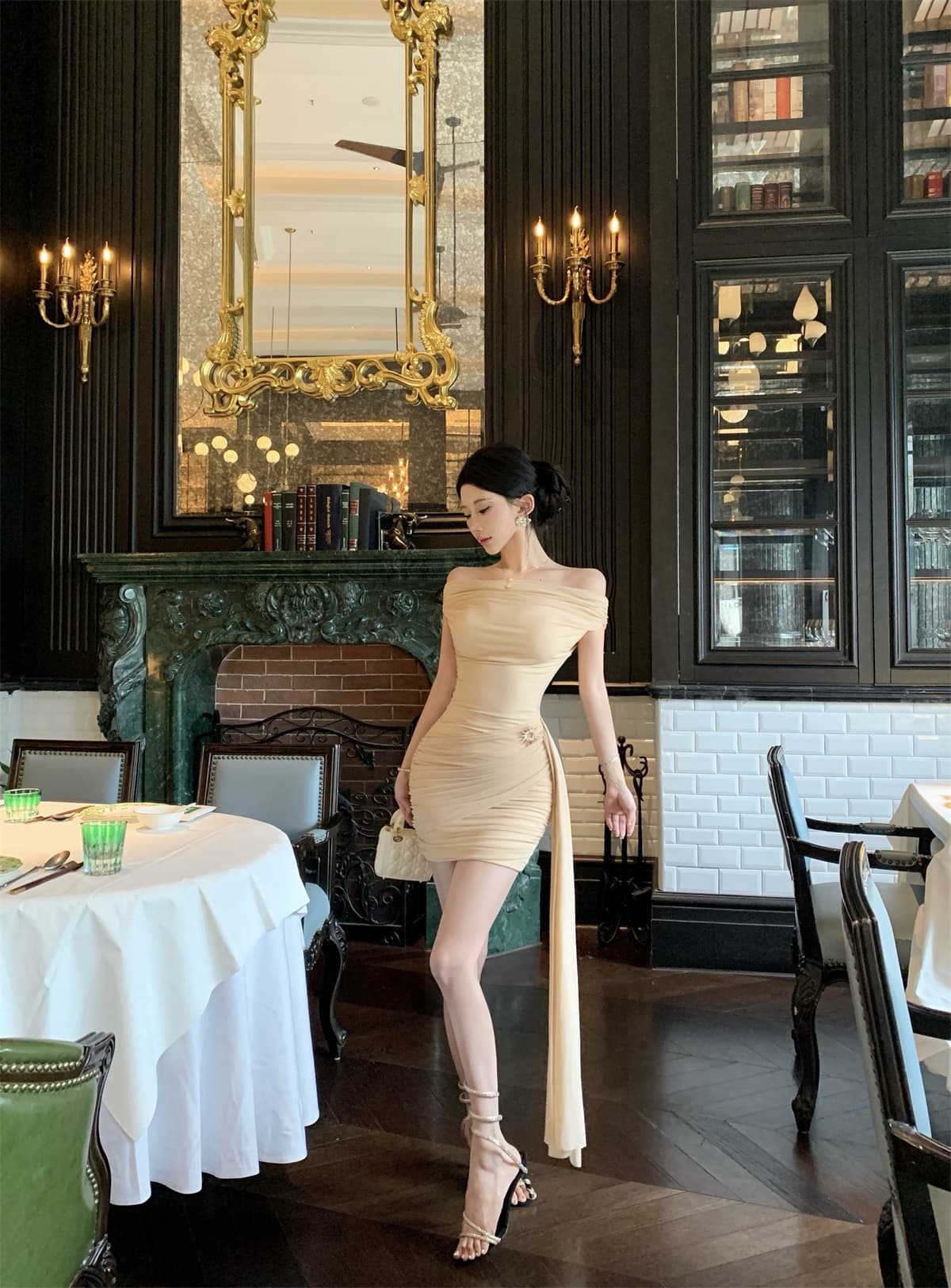 실사 정가 품격 오프숄더 리본 민소매 드레스 허리 수축 슬림해 보이는 고급 센스 타이트 스커트 상세 이미지 8