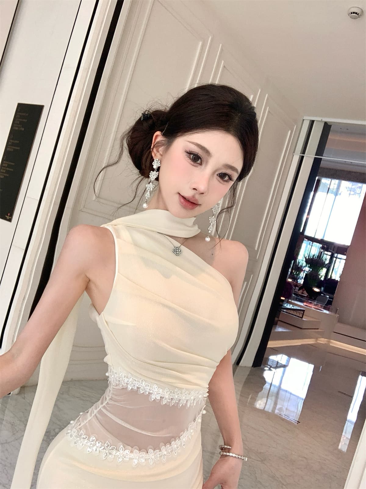 실사 정가 3 차원 꽃 패치워크 홀로우 아웃 레이스업 섹시함 비스듬한 어깨 민소매 드레스 예복 치마 상세 이미지 1