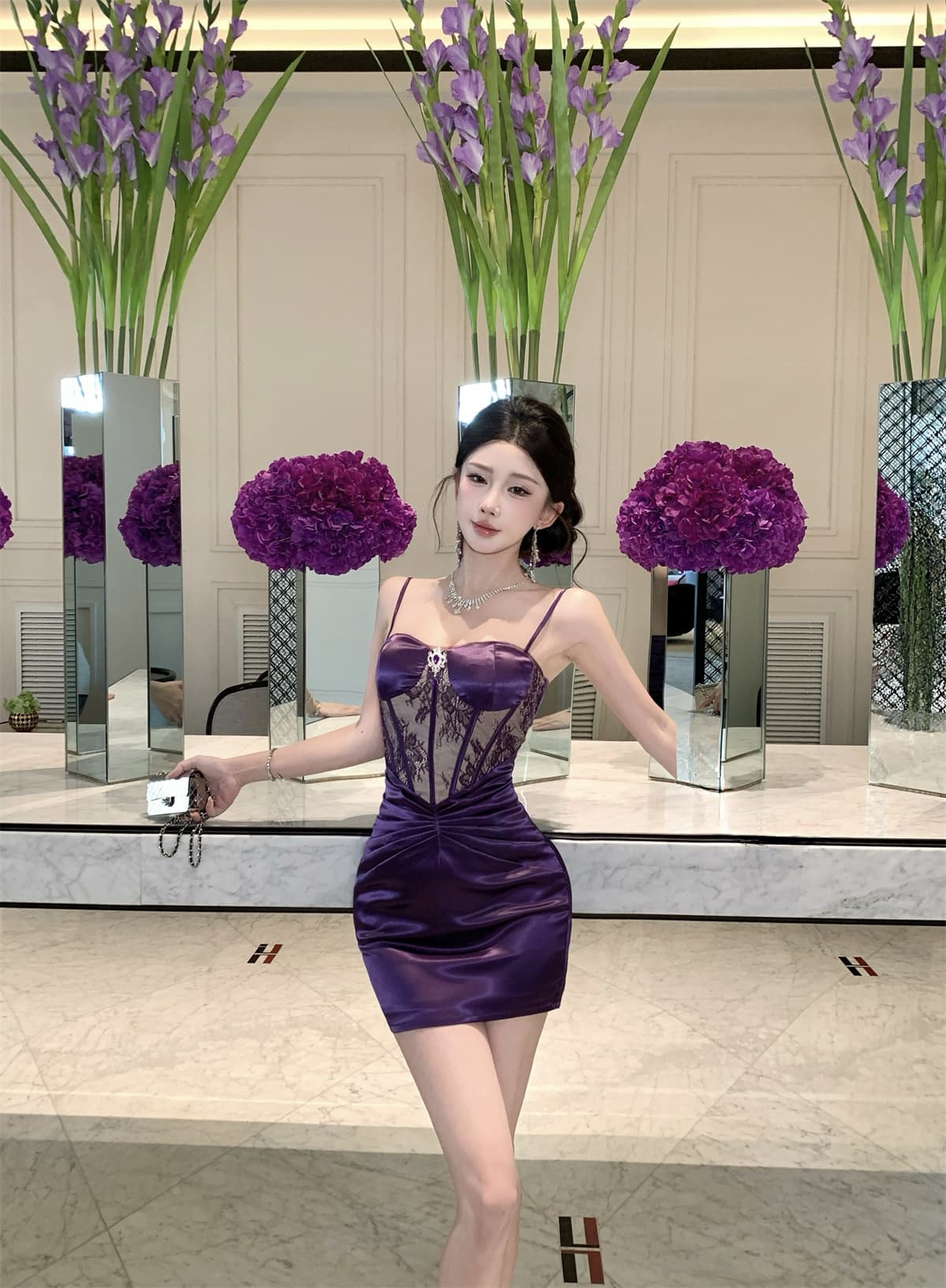 실사 정가 슬립 드레스 레이스 자수 패치워크 작은 드레스 생선뼈 몸매 가꾸기 허리 수축 미니 스커트 이미지 4