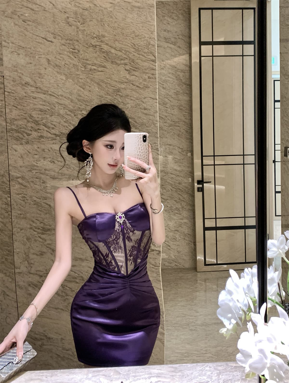 실사 정가 슬립 드레스 레이스 자수 패치워크 작은 드레스 생선뼈 몸매 가꾸기 허리 수축 미니 스커트 이미지 2