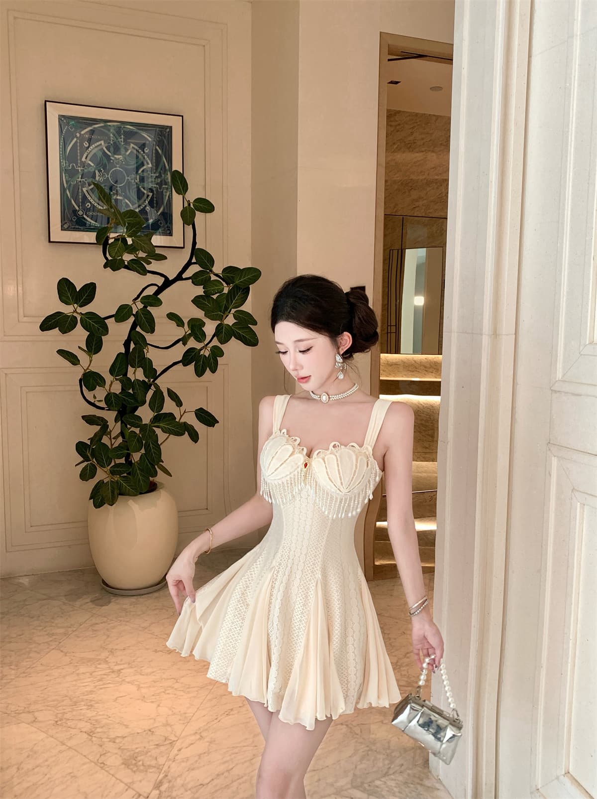 실사 정가 조개 광장 칼라 슬립 여성 드레스 디자인 센스 허리 수축 한 마디 인어 꼬리 미니 스커트 상세 이미지 3