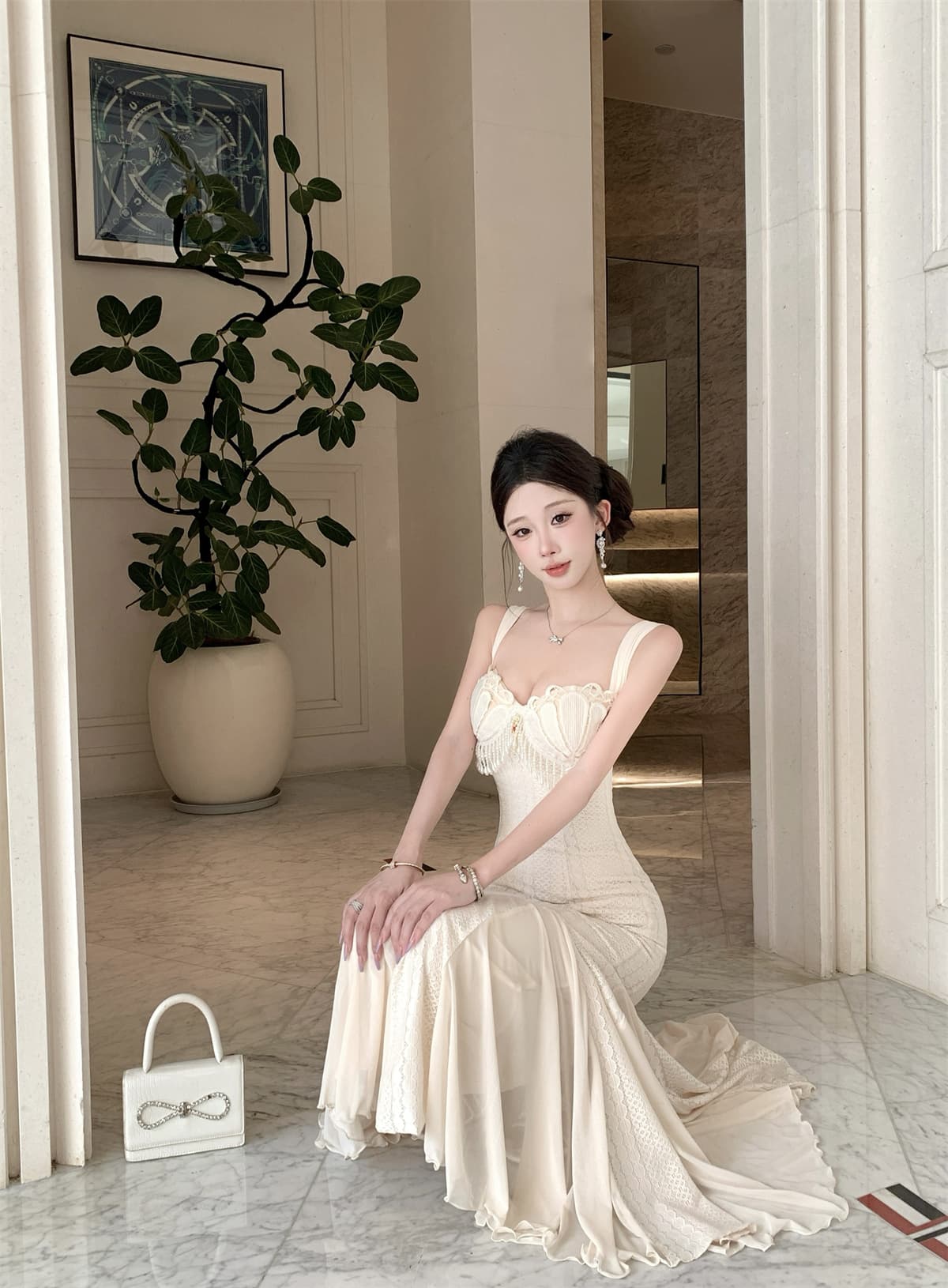 실사 정가 디자인 센스 조개 신축성 허리 수축 롱 코트 인어 꼬리 스커트 슬립 타이트 스커트 드레스 상세 이미지 9
