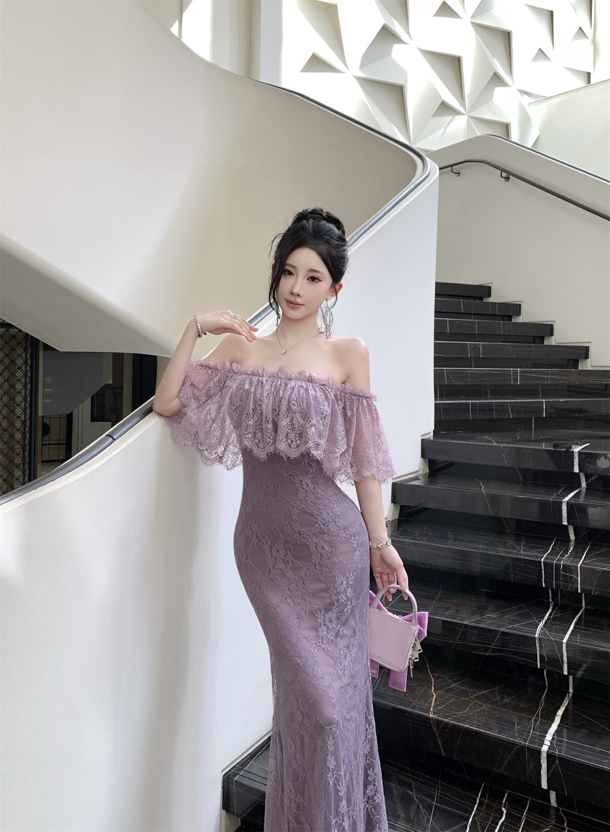 실사 정가 프릴 레이스 오프숄더 여성 드레스 여름 몸매 가꾸기 타이트 스커트 인어 꼬리 롱 스커트 이미지 3