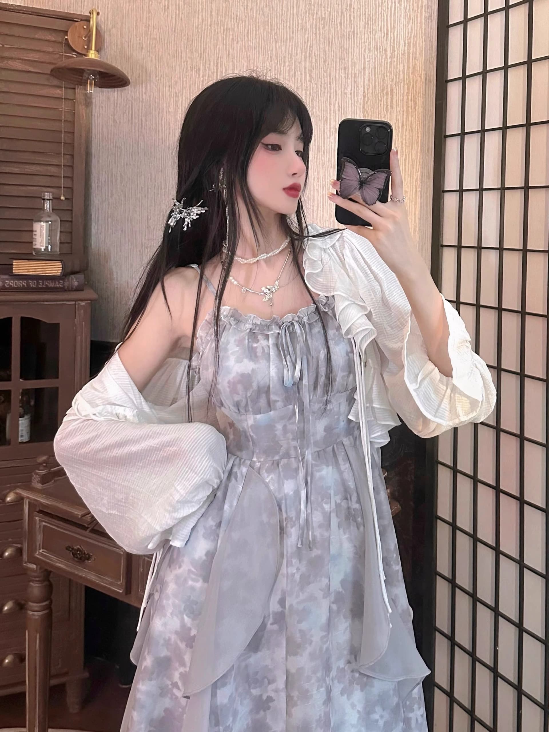 2026 새로운 연기 잉크 염색 회색 홀치기 염색 슬립 드레스 감기 센스 요정 치마 여름 오픈 가디건 투피스 세트 상세 이미지 5