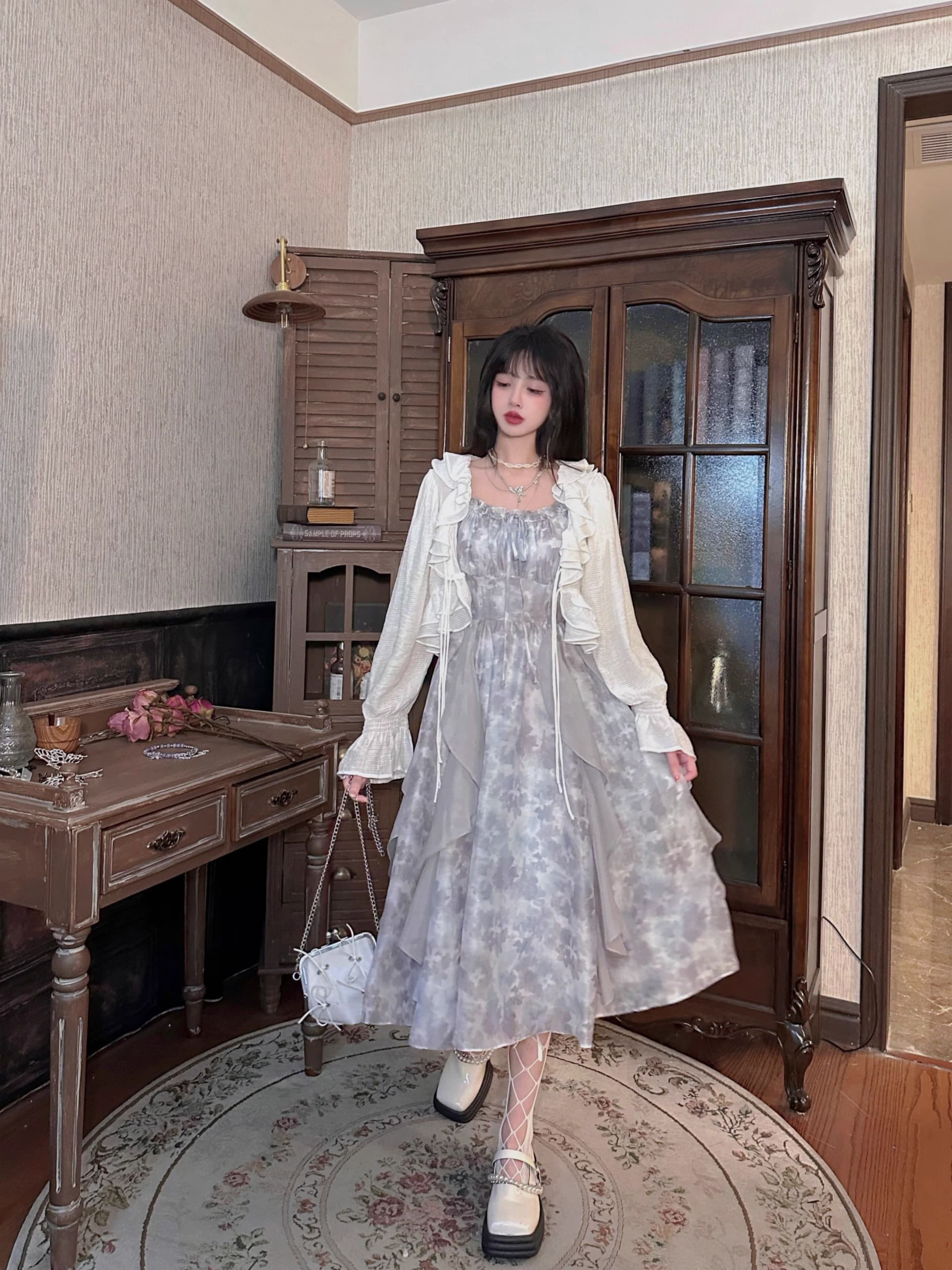 2026 새로운 연기 잉크 염색 회색 홀치기 염색 슬립 드레스 감기 센스 요정 치마 여름 오픈 가디건 투피스 세트 상세 이미지 8