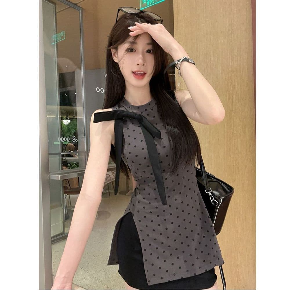 모달 사람들 면 프랑스식 품격 나비 매듭 민소매 조끼 여성 여름 불규칙 트임 도트 무늬 맨위