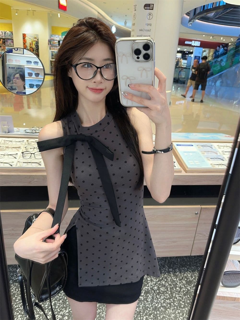 모달 사람들 면 프랑스식 품격 나비 매듭 민소매 조끼 여성 여름 불규칙 트임 도트 무늬 맨위 상세 이미지 3