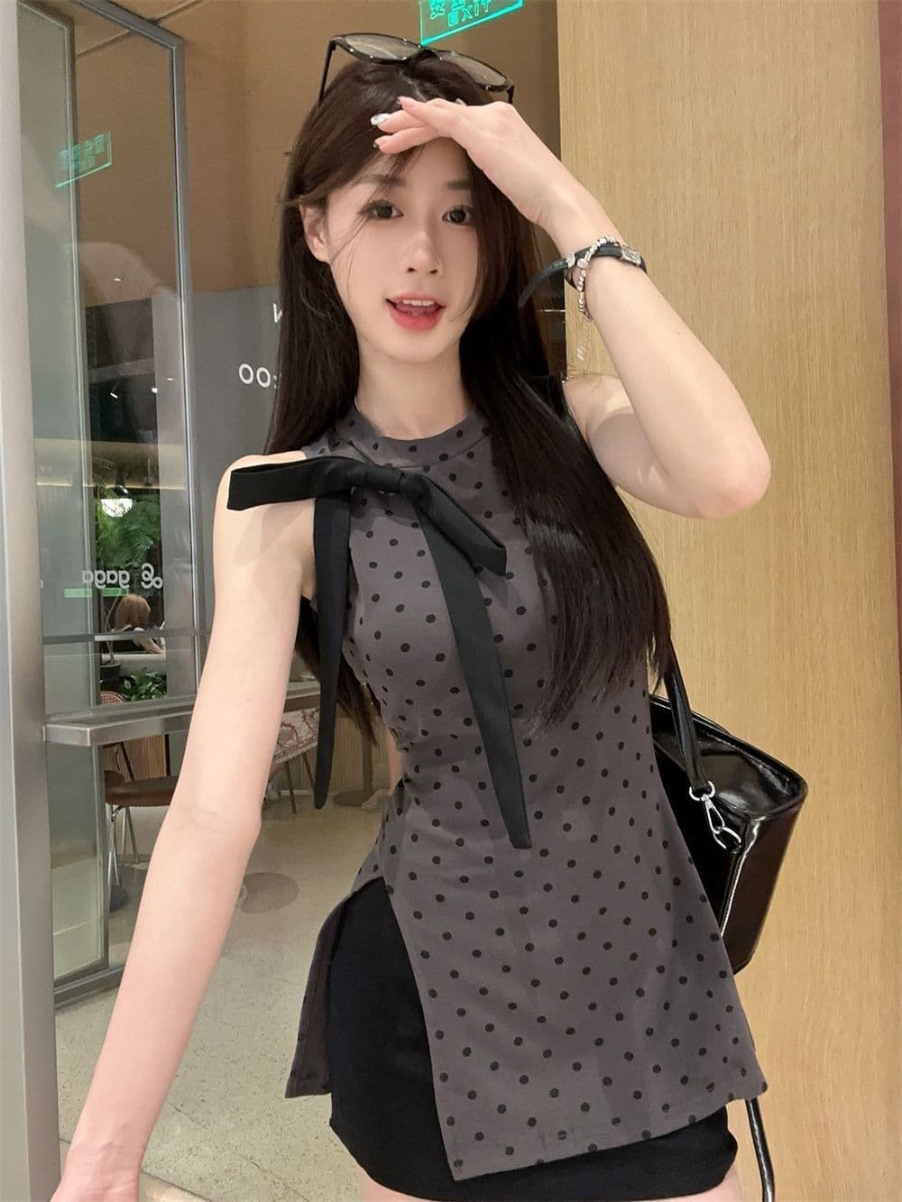모달 사람들 면 프랑스식 품격 나비 매듭 민소매 조끼 여성 여름 불규칙 트임 도트 무늬 맨위 상세 이미지 5