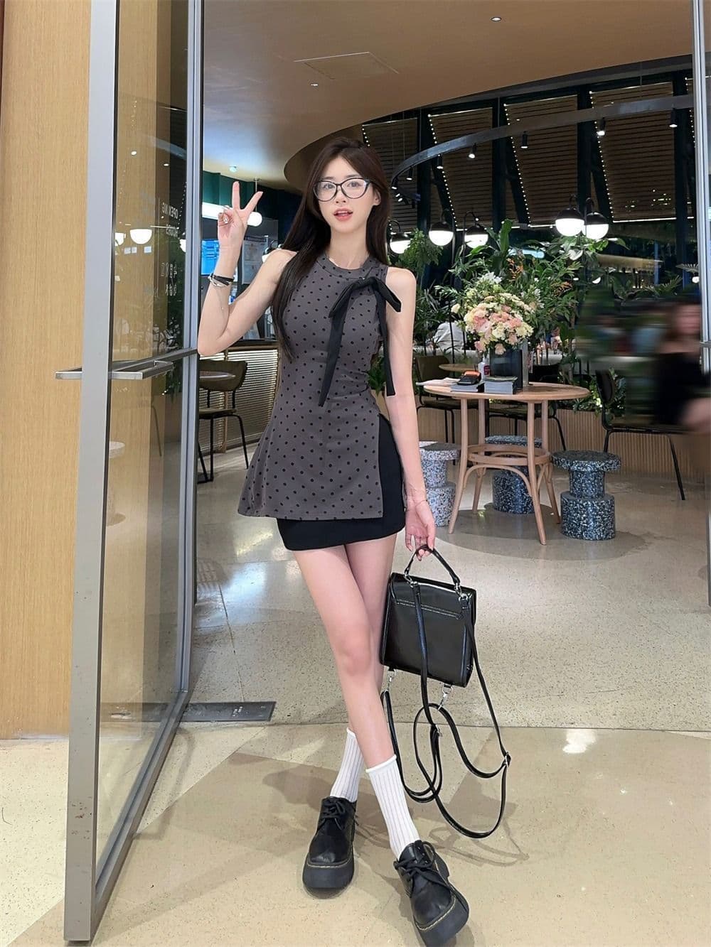 모달 사람들 면 프랑스식 품격 나비 매듭 민소매 조끼 여성 여름 불규칙 트임 도트 무늬 맨위 상세 이미지 11