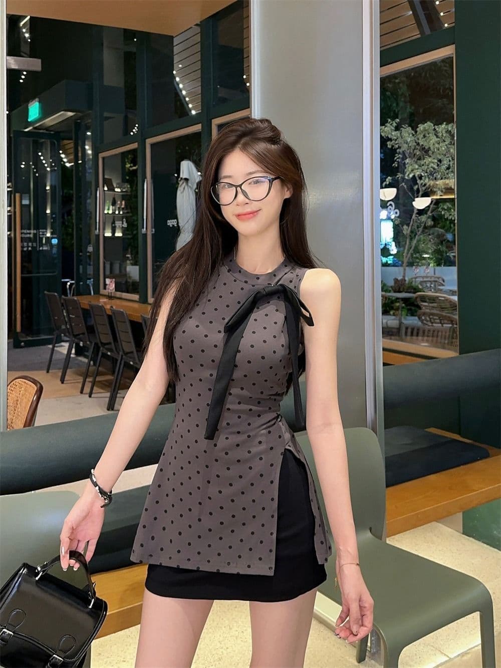모달 사람들 면 프랑스식 품격 나비 매듭 민소매 조끼 여성 여름 불규칙 트임 도트 무늬 맨위 상세 이미지 12