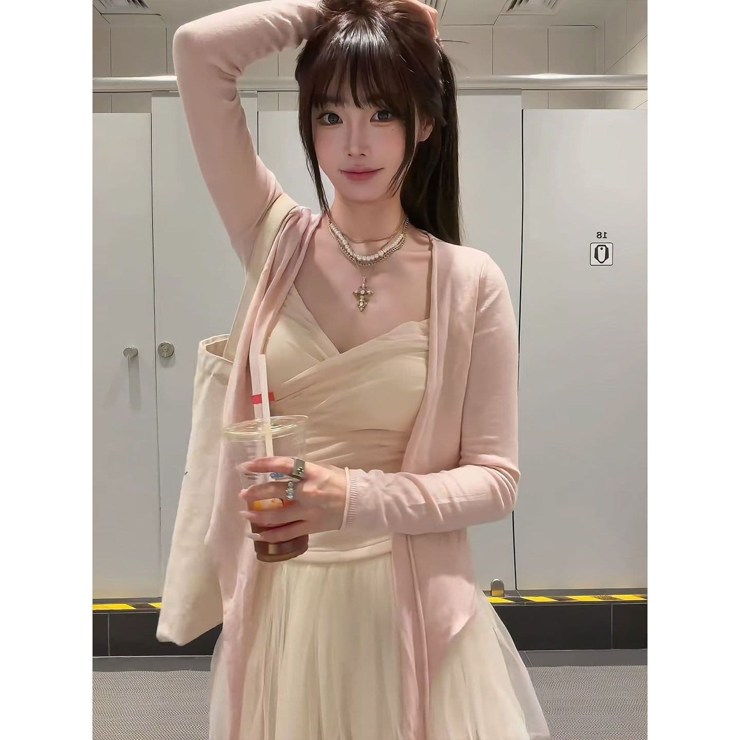 달콤한 스타일 이른 봄 세트 여성 핑크색 연령 감소 오픈 가디건 슬립 고유 한 아름다운 봄 드레스 전체 집합 새로운 이미지 2