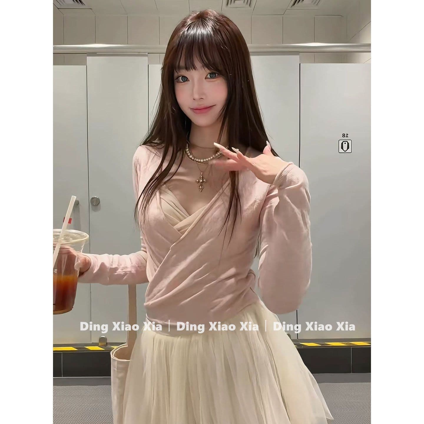 달콤한 스타일 이른 봄 세트 여성 핑크색 연령 감소 오픈 가디건 슬립 고유 한 아름다운 봄 드레스 전체 집합 새로운 이미지 3