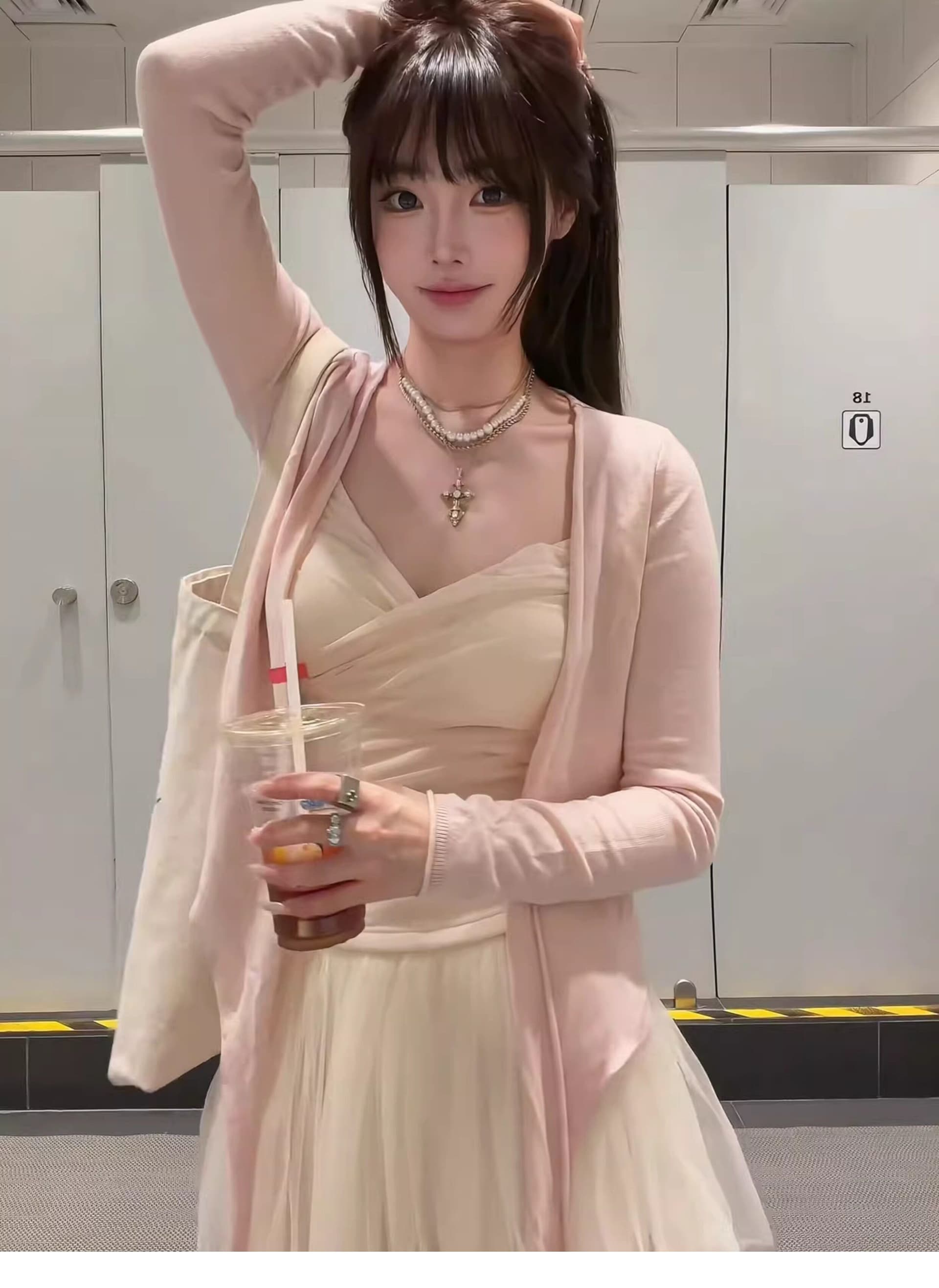 달콤한 스타일 이른 봄 세트 여성 핑크색 연령 감소 오픈 가디건 슬립 고유 한 아름다운 봄 드레스 전체 집합 새로운 상세 이미지 3