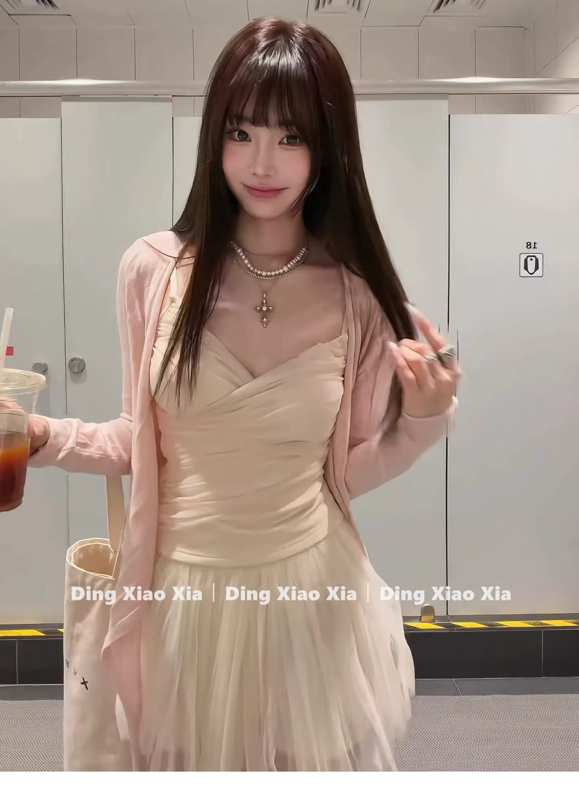 달콤한 스타일 이른 봄 세트 여성 핑크색 연령 감소 오픈 가디건 슬립 고유 한 아름다운 봄 드레스 전체 집합 새로운 상세 이미지 5