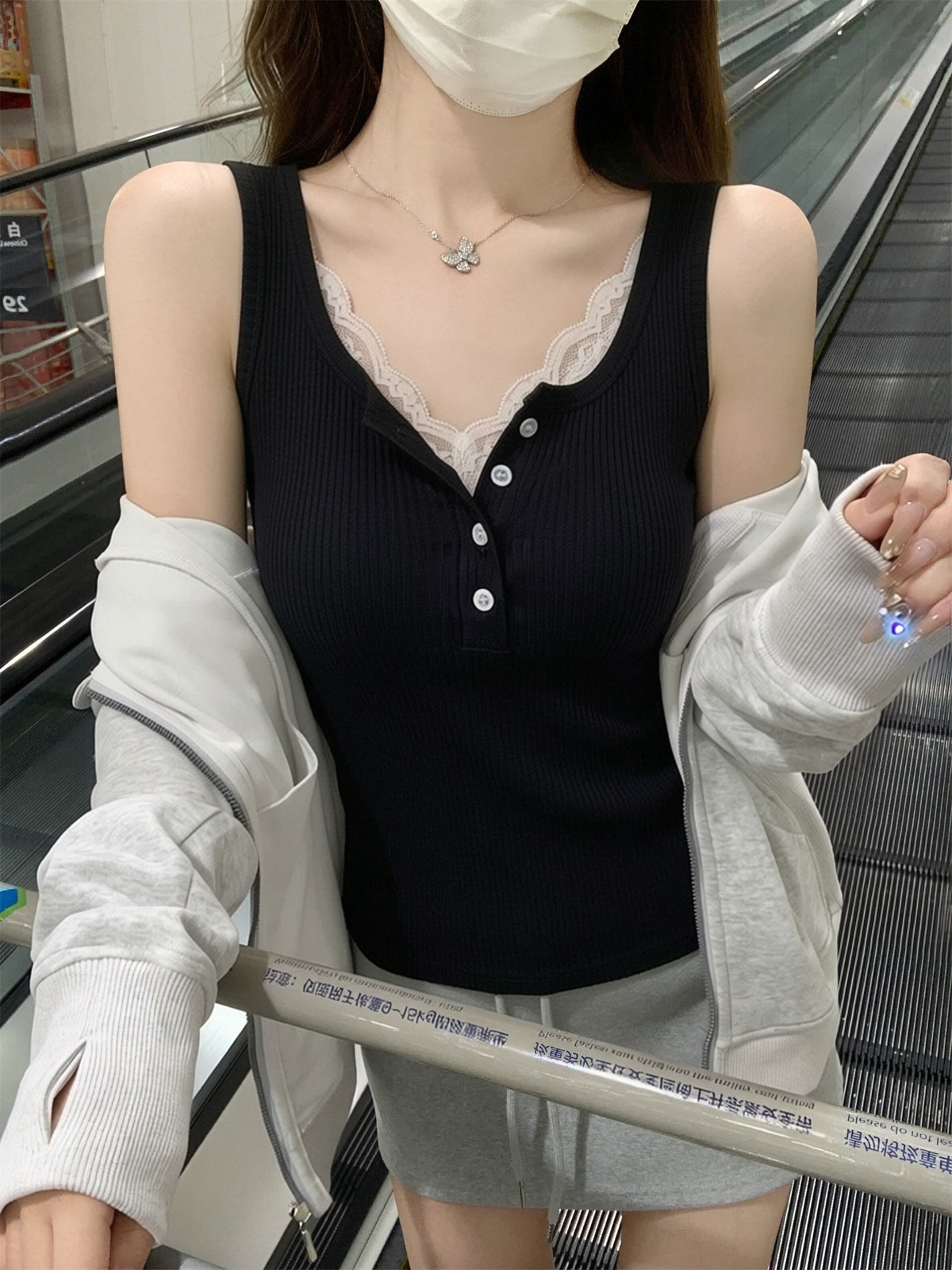 광장 칼라 캐미솔 정장 인사이드 가져 가라. 표지 대리인 우유 만나는 맨위 여름 외출용 얇은 스타일 니트 민소매 티셔츠 이미지 3