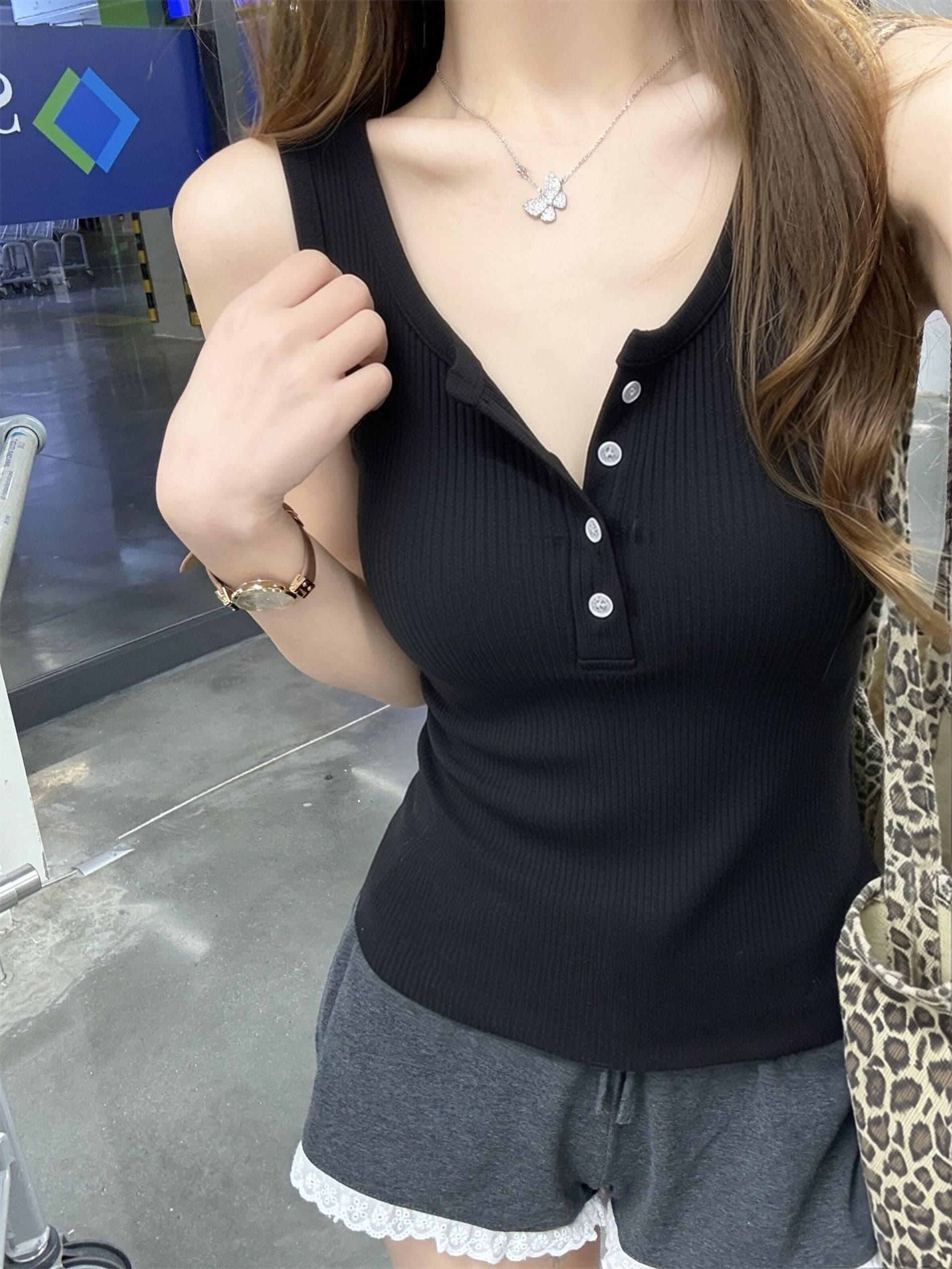 광장 칼라 캐미솔 정장 인사이드 가져 가라. 표지 대리인 우유 만나는 맨위 여름 외출용 얇은 스타일 니트 민소매 티셔츠 상세 이미지 1