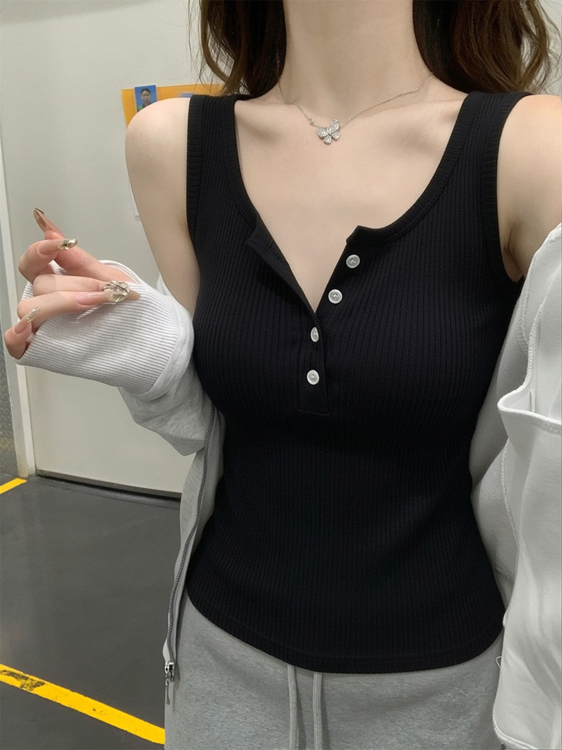 광장 칼라 캐미솔 정장 인사이드 가져 가라. 표지 대리인 우유 만나는 맨위 여름 외출용 얇은 스타일 니트 민소매 티셔츠 상세 이미지 2