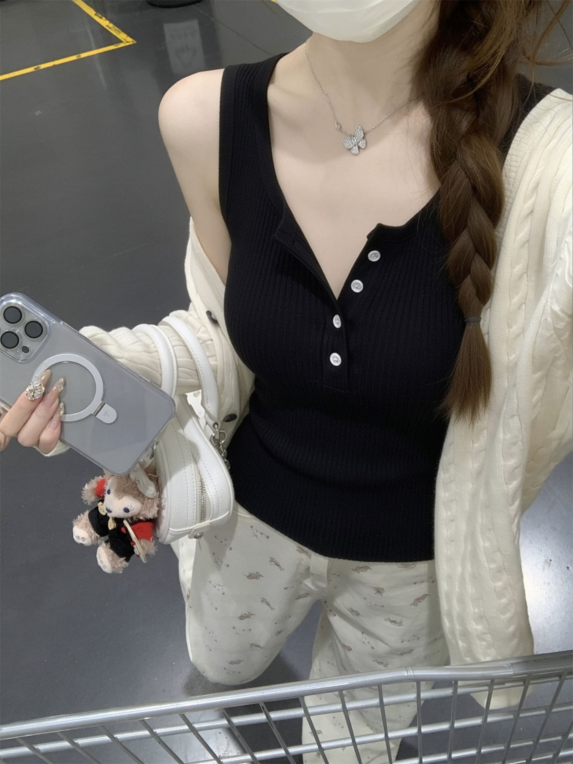 광장 칼라 캐미솔 정장 인사이드 가져 가라. 표지 대리인 우유 만나는 맨위 여름 외출용 얇은 스타일 니트 민소매 티셔츠 상세 이미지 4