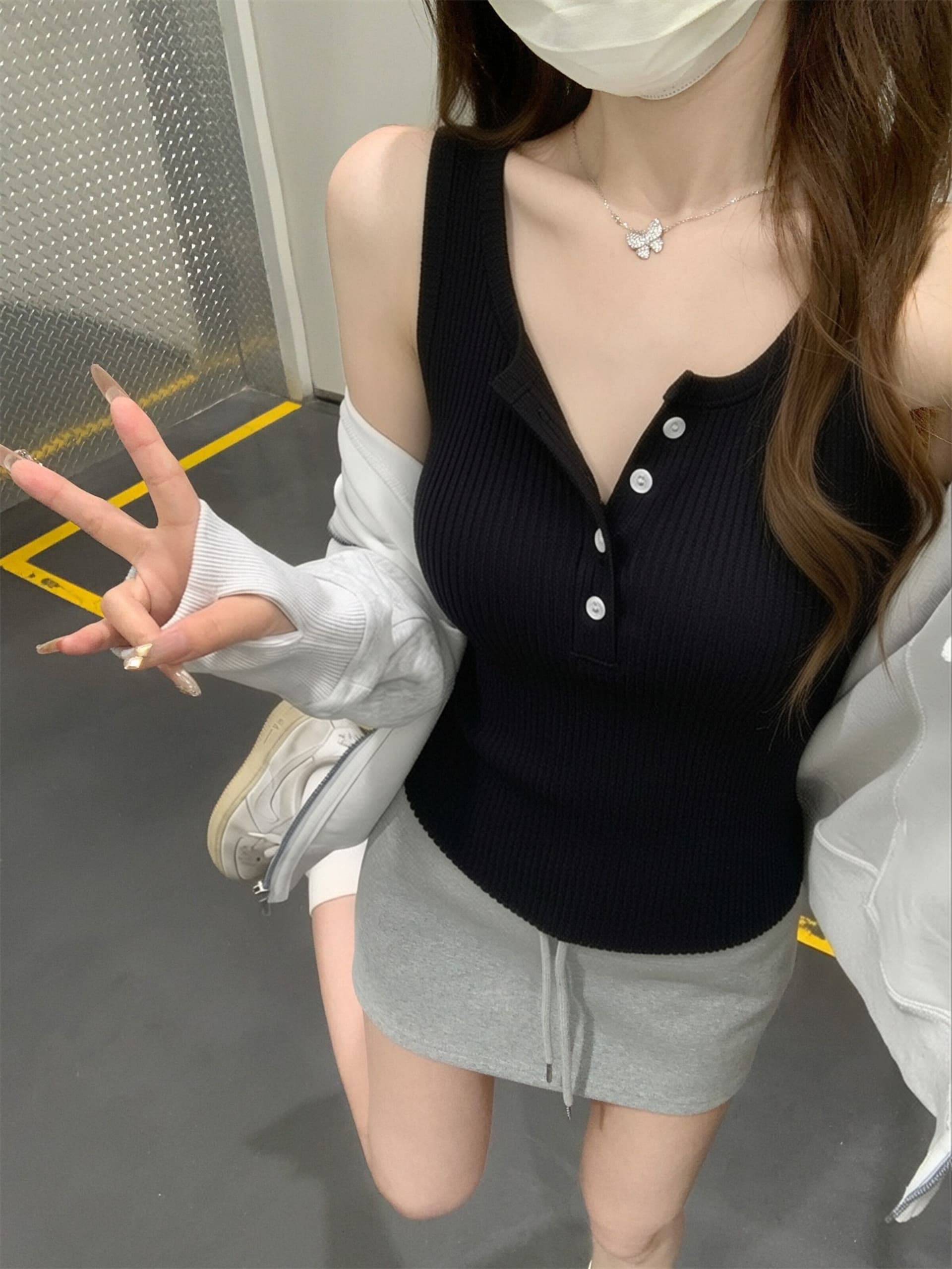 광장 칼라 캐미솔 정장 인사이드 가져 가라. 표지 대리인 우유 만나는 맨위 여름 외출용 얇은 스타일 니트 민소매 티셔츠 상세 이미지 5