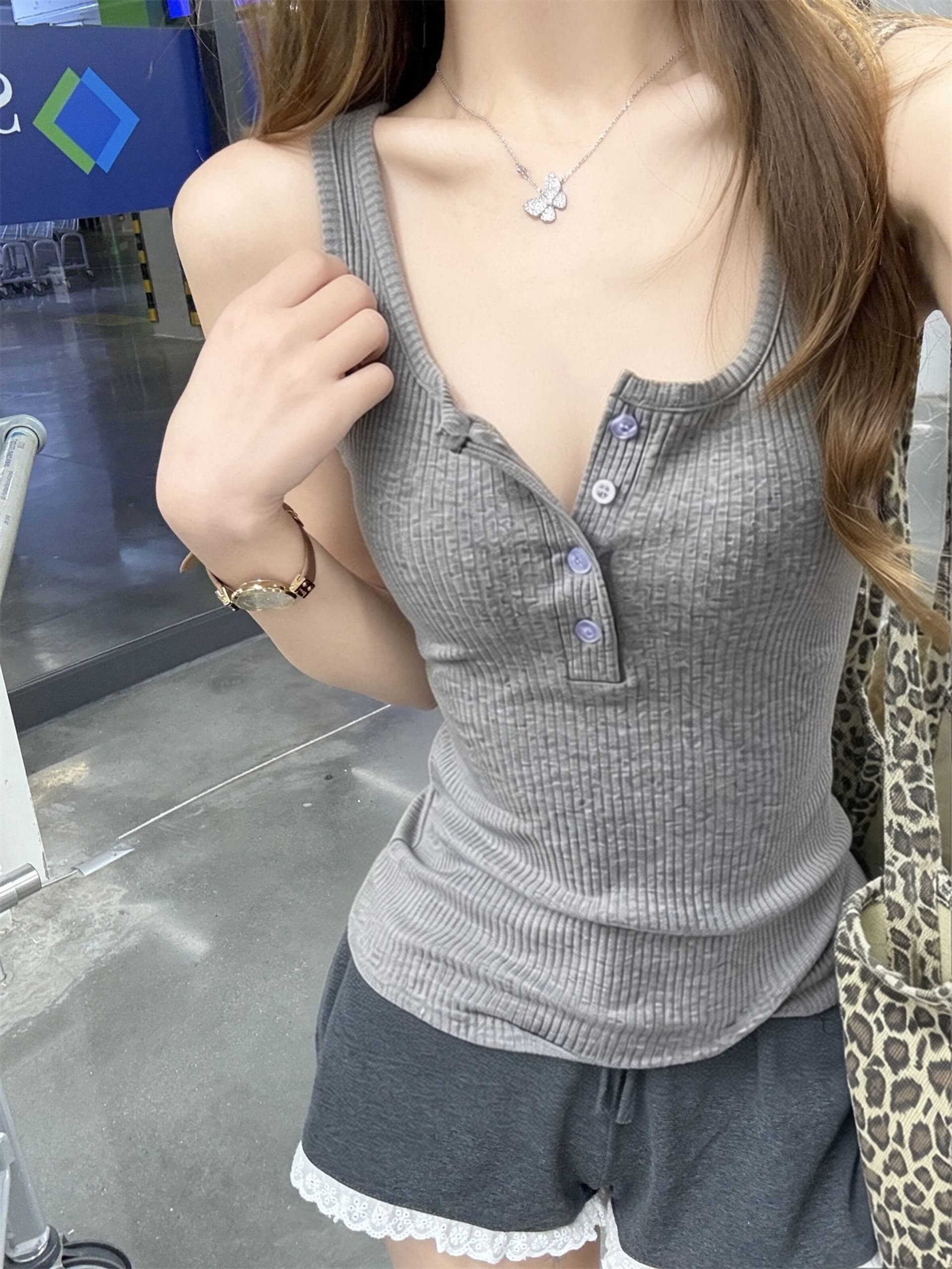광장 칼라 캐미솔 정장 인사이드 가져 가라. 표지 대리인 우유 만나는 맨위 여름 외출용 얇은 스타일 니트 민소매 티셔츠 상세 이미지 6