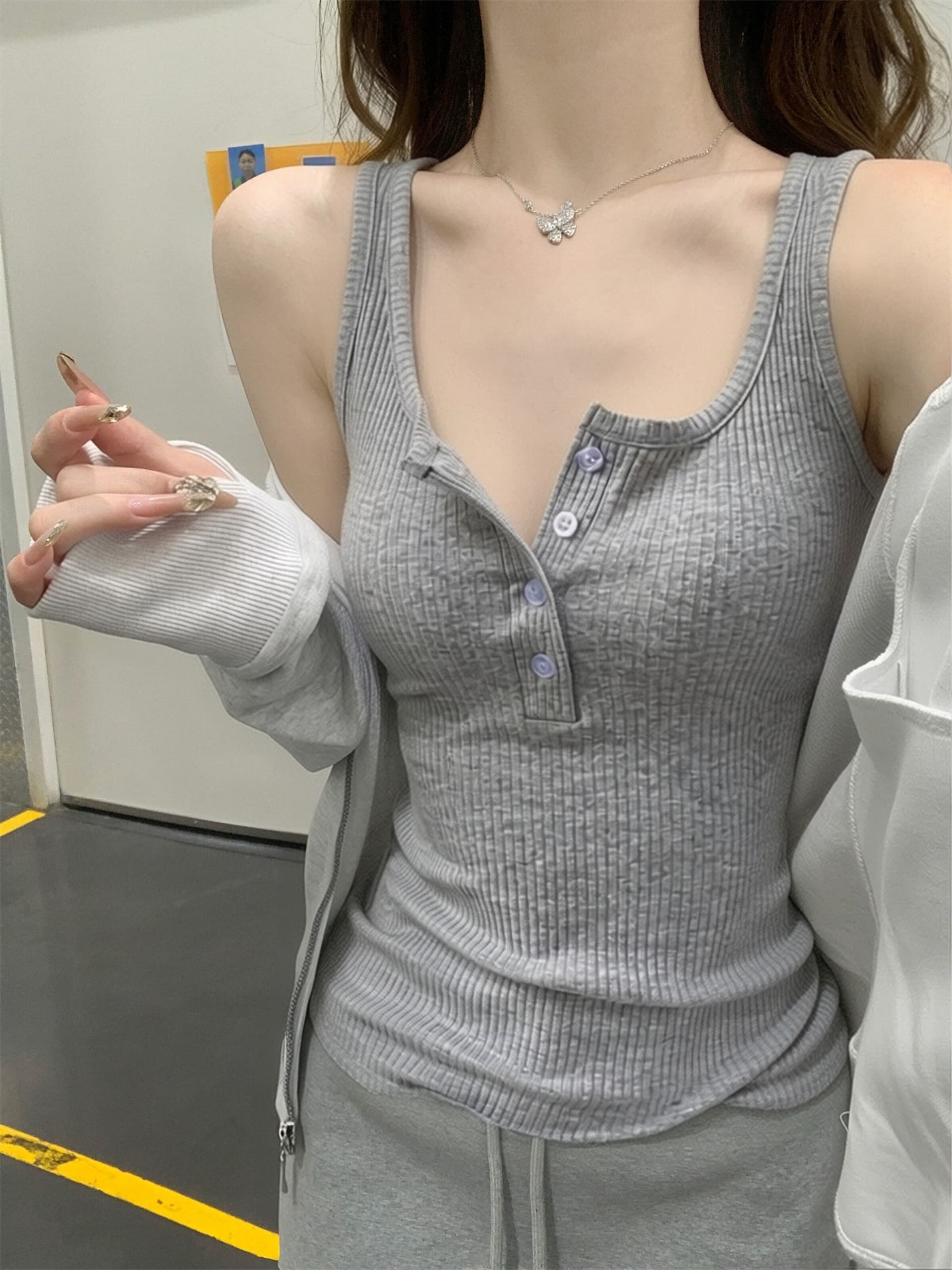 광장 칼라 캐미솔 정장 인사이드 가져 가라. 표지 대리인 우유 만나는 맨위 여름 외출용 얇은 스타일 니트 민소매 티셔츠 상세 이미지 7
